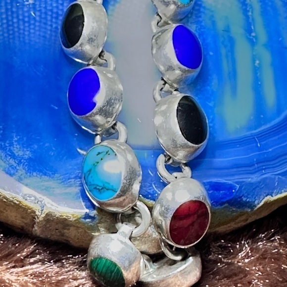 Vtg 23g Sterling Bracelet 6.5 Multi Gemstone Cabochon Onyx Lapis Coral 4127 B - Picture 8 of 12